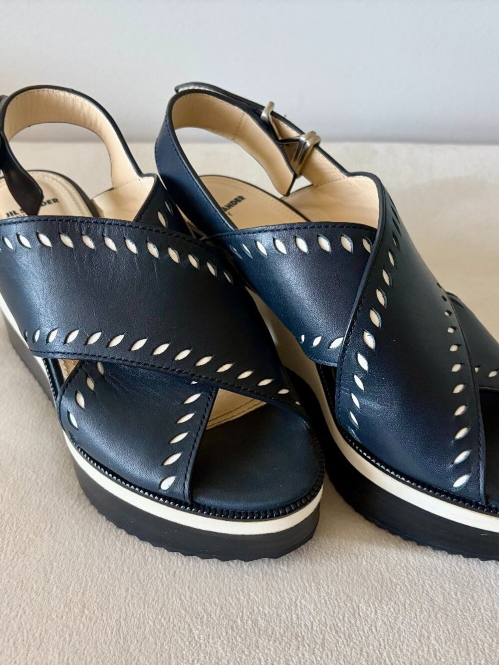 Jil Sander Navy and White Leather Platform Sandals